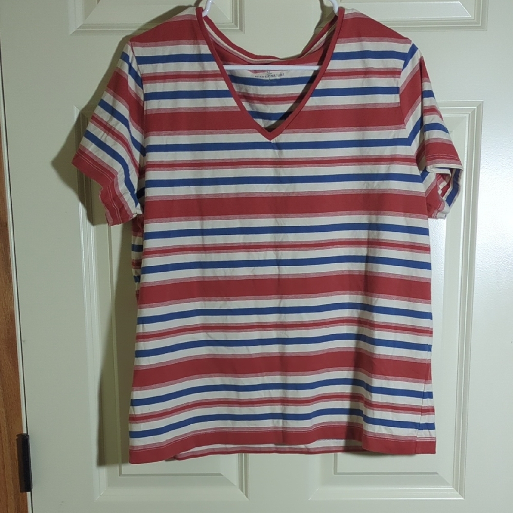 L.L. Bean Red and Blue Striped Short Sleeve Tee